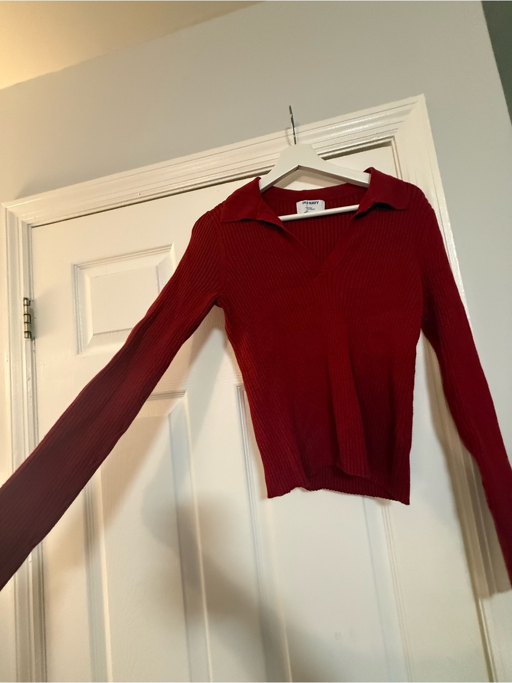 Old Navy Red Ribbed V-Neck Collared Sweater - Picture 2 of 4